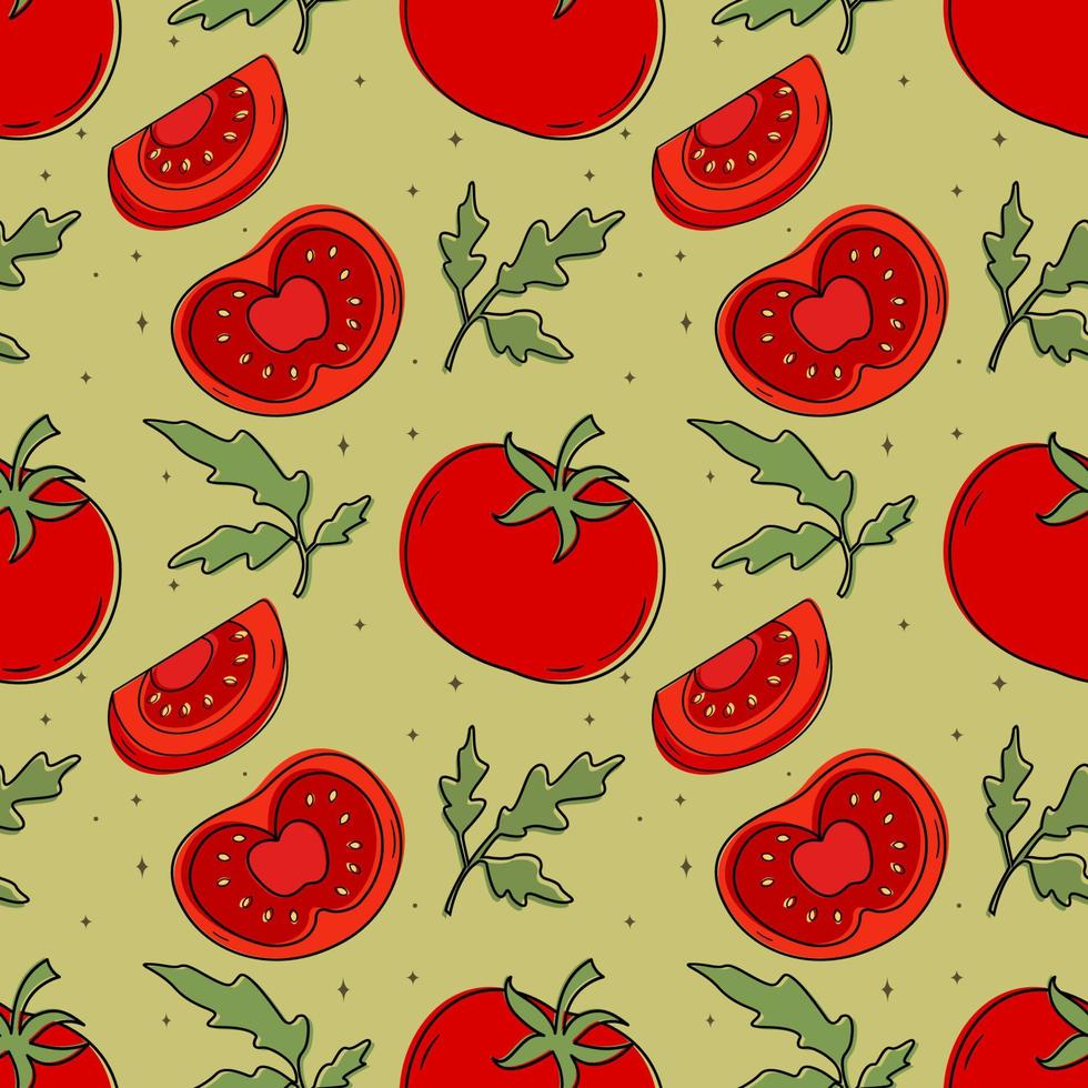 Vector pattern of a set of tomatoes. Design elements for menus, advertisements and covers, children's books, food and food illustrations.Vector of vegetables and foliage. Illustration of food.