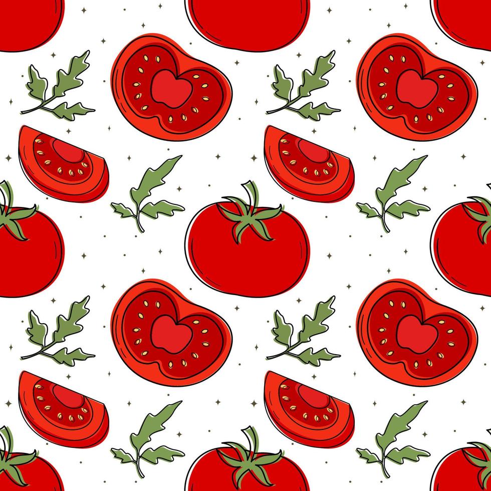 Vector pattern of a set of tomatoes. Design elements for menus, advertisements and covers, children's books, food and food illustrations.Vector of vegetables and foliage. Illustration of food.