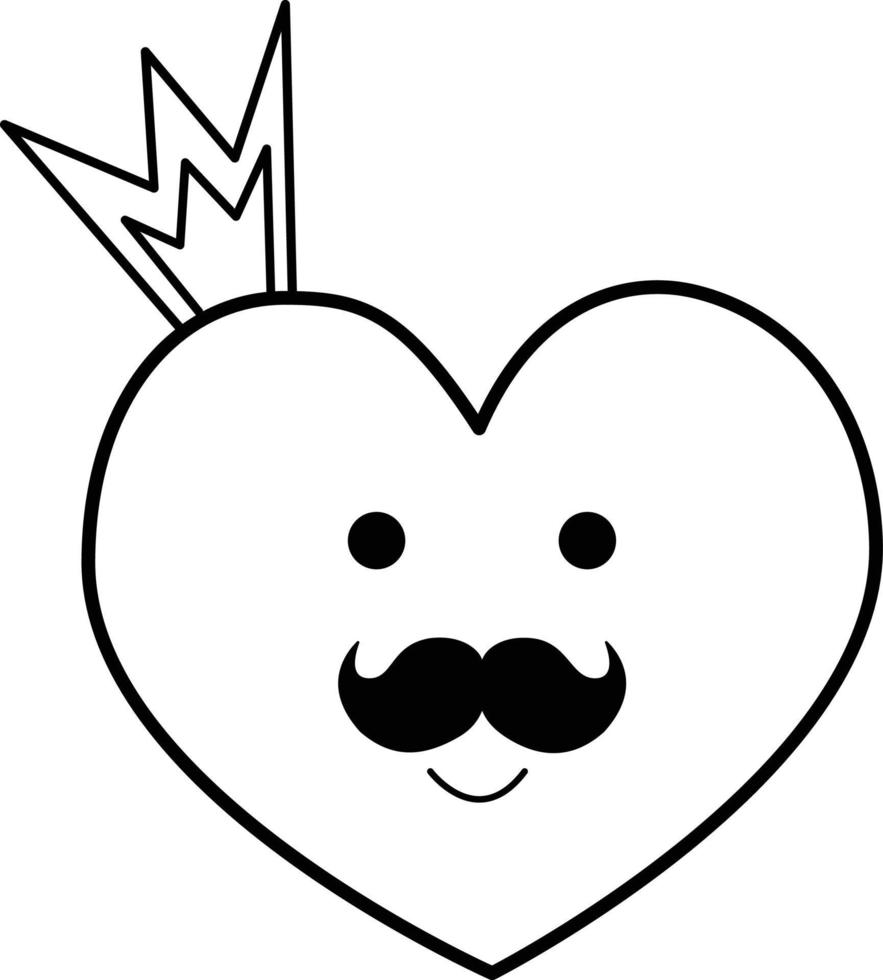 Vector image of a heart with a mustache and a crown.A romantic love message. An element of the decor of a wedding celebration.A simple contour vector, website or mobile application.