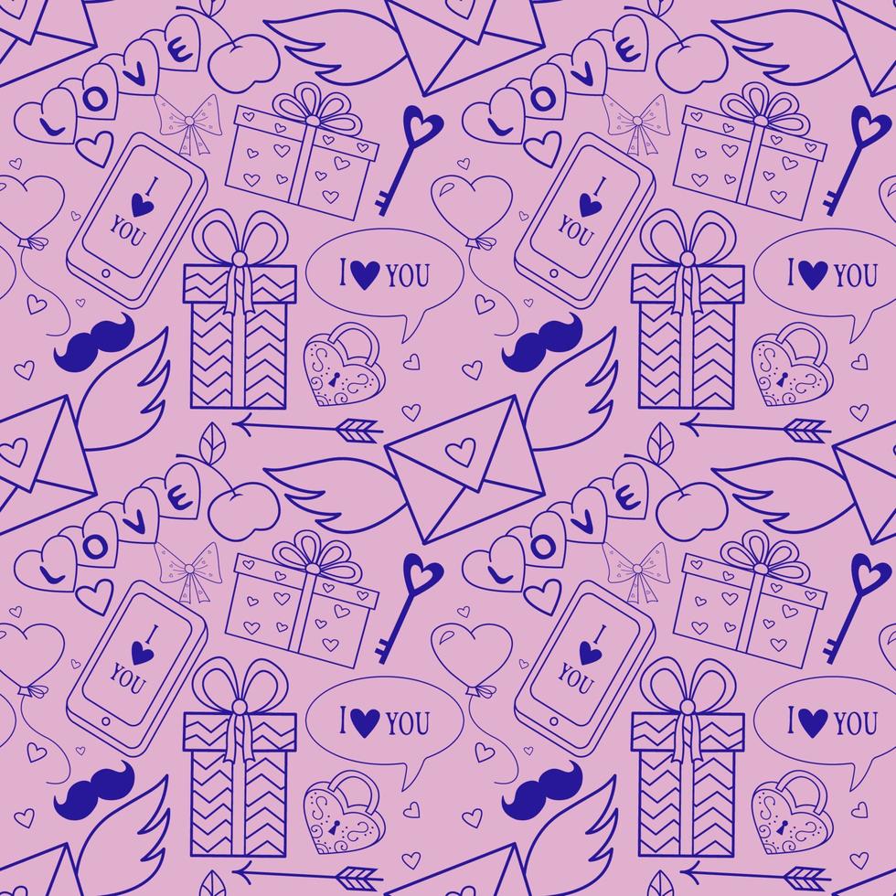 Cute seamless pattern on the theme of Valentine's Day, wedding, romantic events. Contour vector icons on a light background.Web