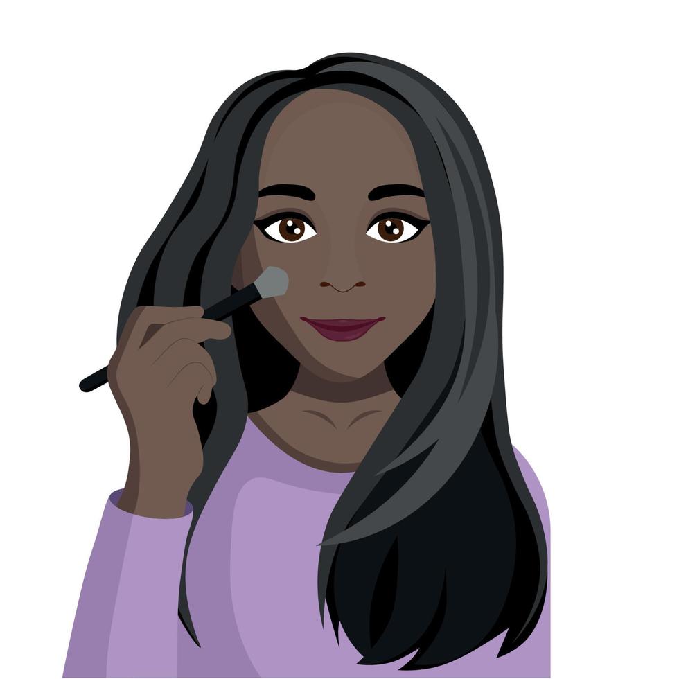 Portrait of a dark-skinned girl who applies powder on her face with a brush, make-up, flat vector, isolate on a white background, opinion leader vector