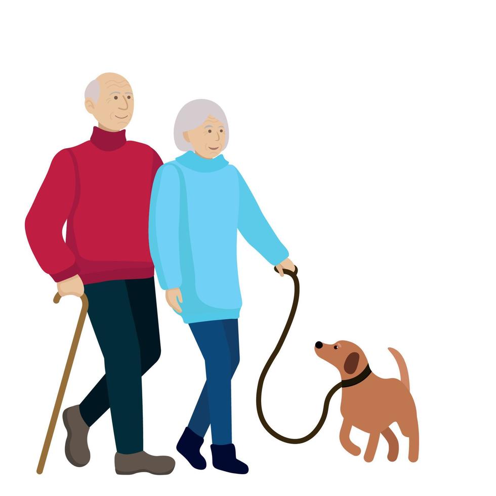 pareja de ancianos paseando a su perro, vector plano, aislado en fondo blanco