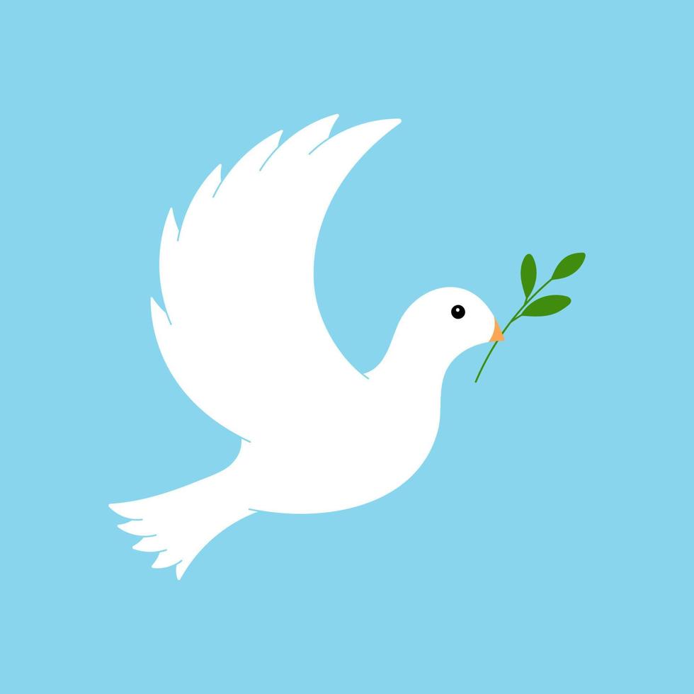 Peace dove symbol in flat style, vector illustration. Flying bird on blue background for International Peace Day. Olive branch concept peace