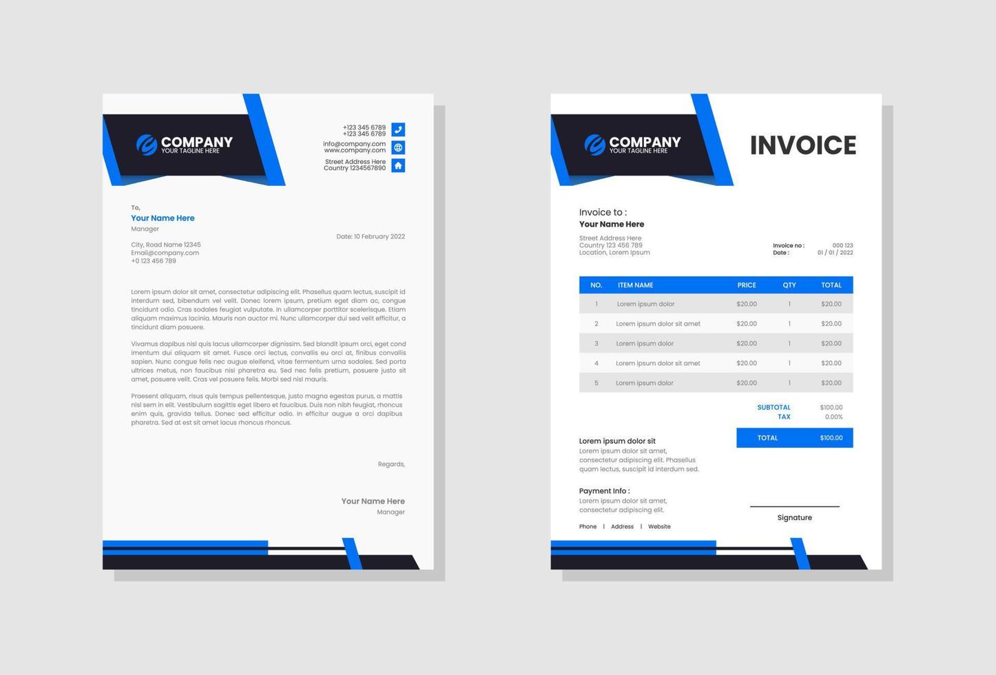 Professional Business stationery letterhead and invoice template vector