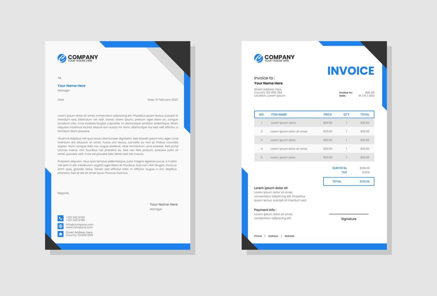 Business stationery letterhead and invoice template vector