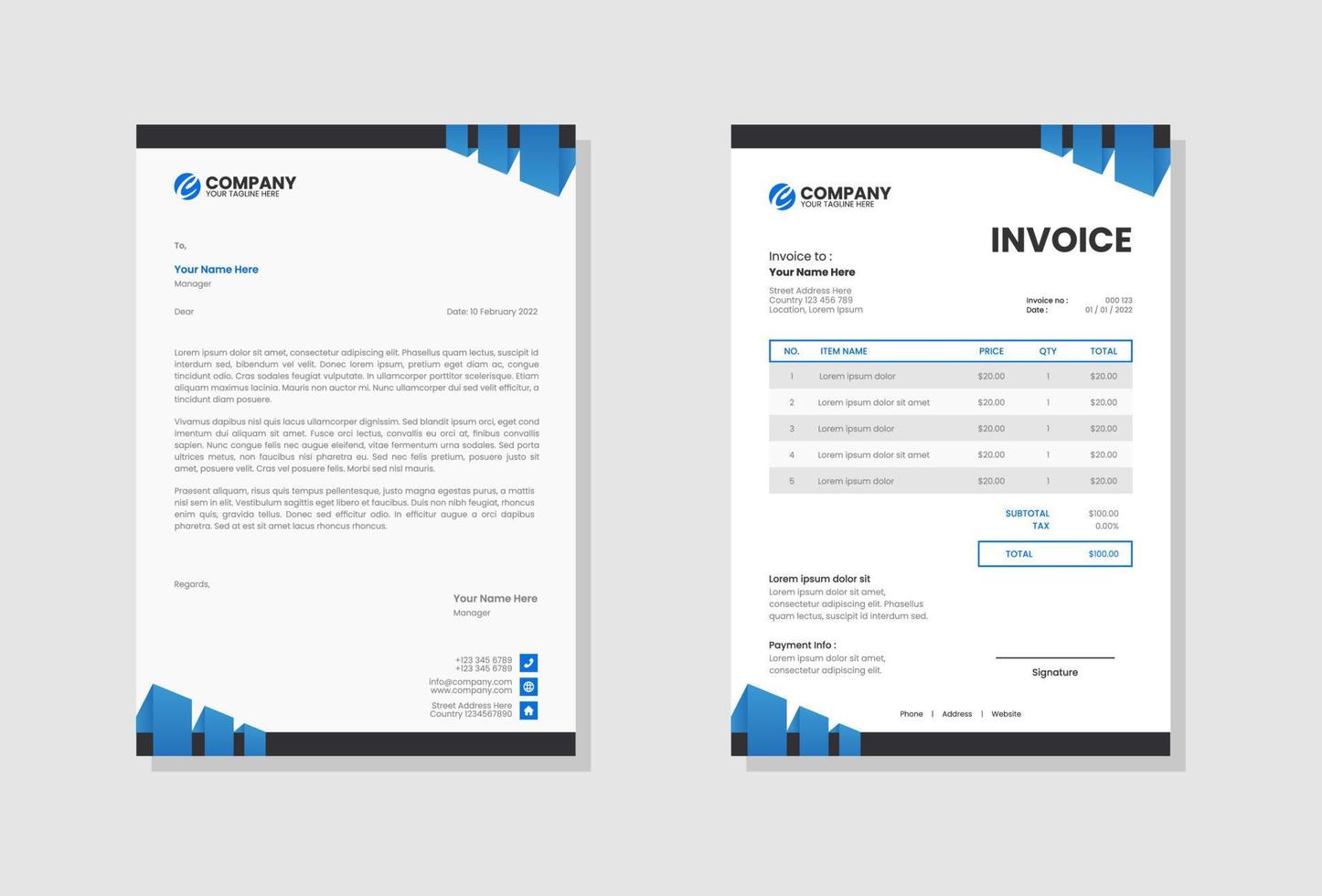 plantilla de factura y membrete de papelería comercial vector