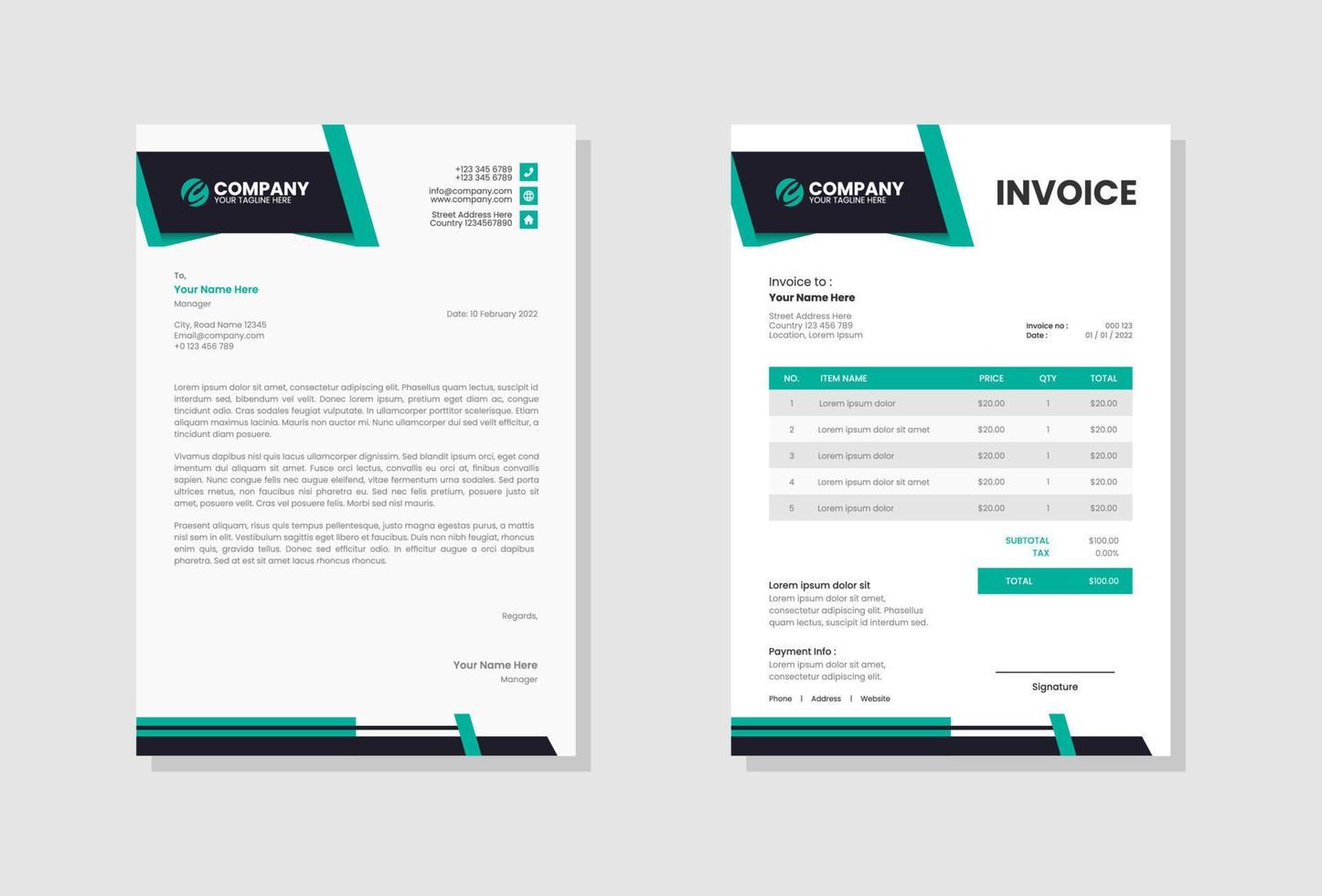 Business stationery letterhead and invoice template vector