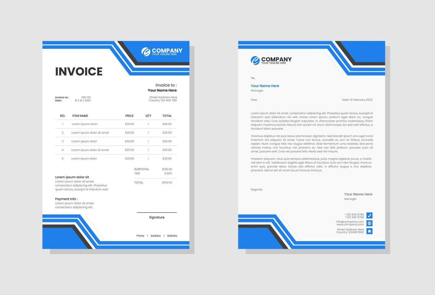 Business stationery letterhead and invoice template vector