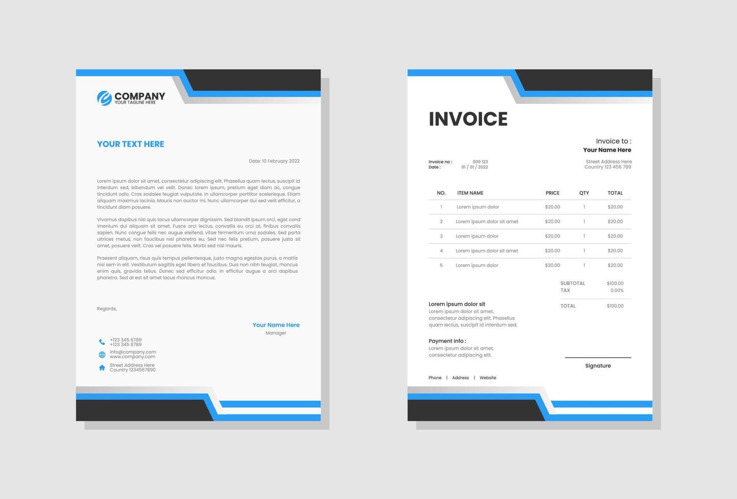 Business stationery letterhead and invoice template vector