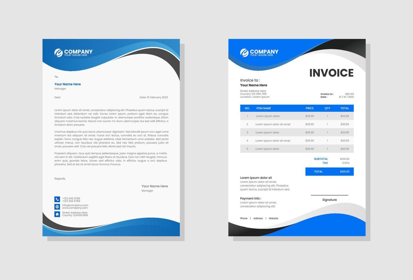 Business stationery letterhead and invoice template vector