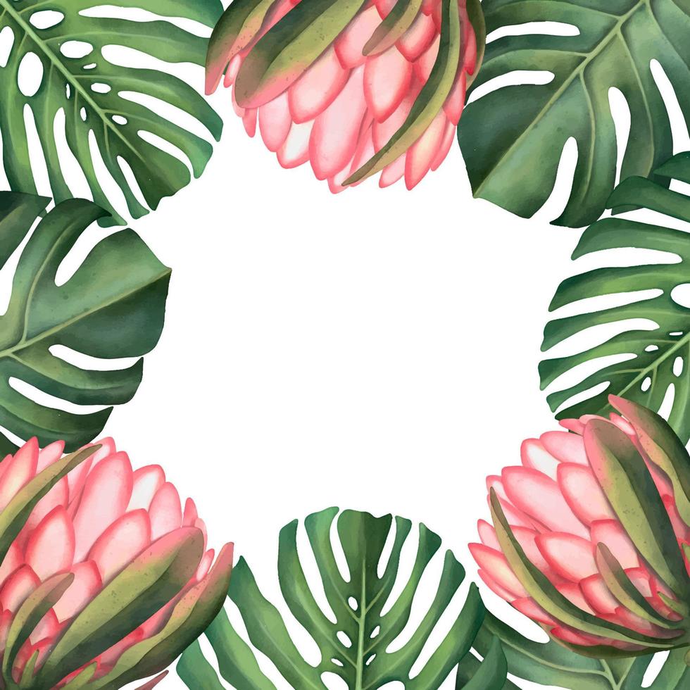 marco tropical con plantas y flores rosas sobre un fondo blanco. acuarela pintada a mano, hojas de palma vector