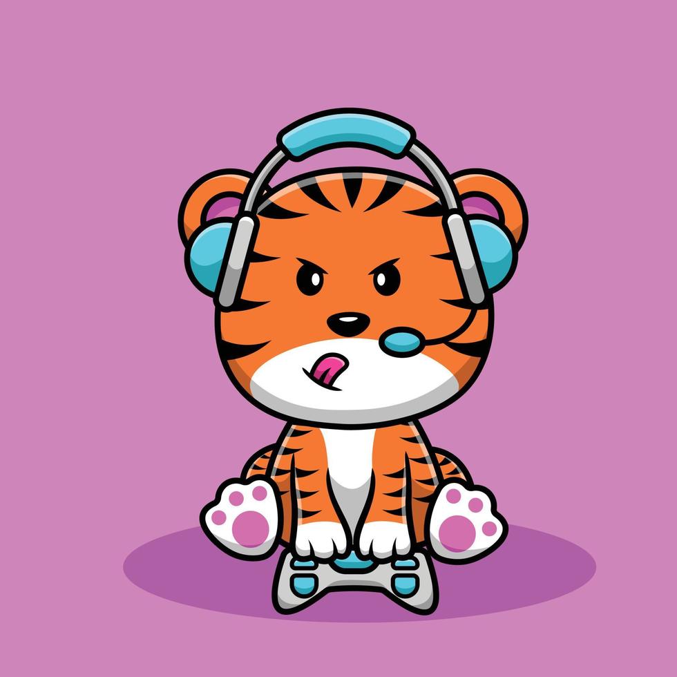 Cute Tiger Gaming Cartoon Vector Icon Illustration. Animal Game Icon Concept Isolated Premium Vector. Flat Cartoon Style