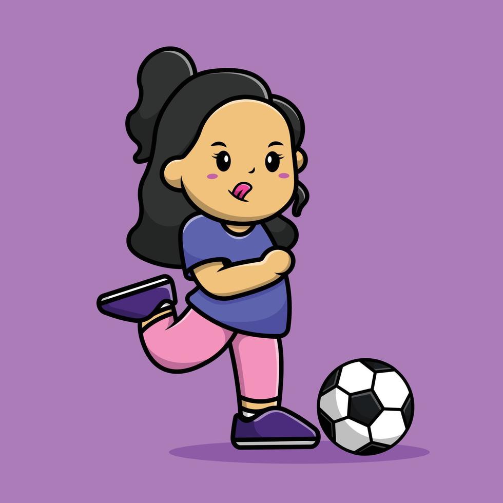 linda chica pateando la ilustración de icono de vector de dibujos animados de pelota de fútbol. gente deporte icono concepto aislado premium vector. estilo de dibujos animados plana