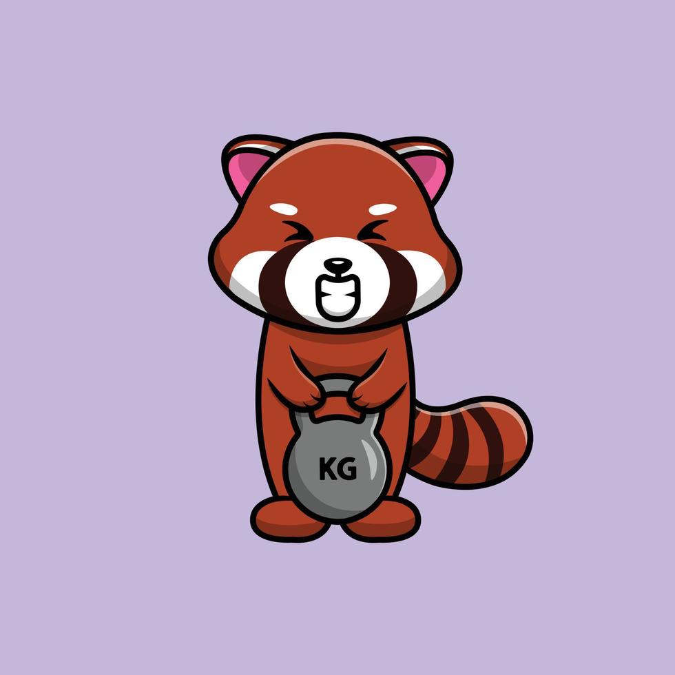 Ilustración de icono de vector de dibujos animados de bola de fitness de elevación de panda rojo lindo. concepto de icono de deporte animal vector premium aislado. estilo de dibujos animados plana