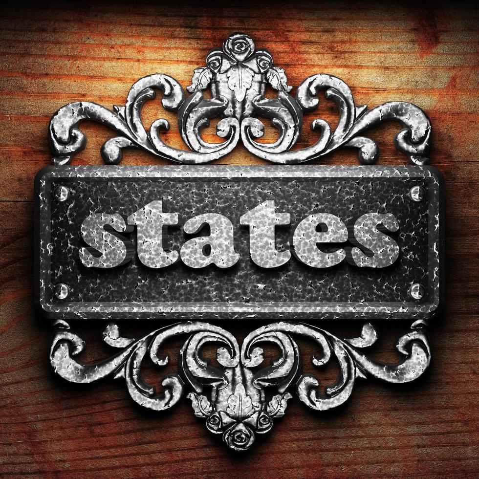 states word of iron on wooden background photo