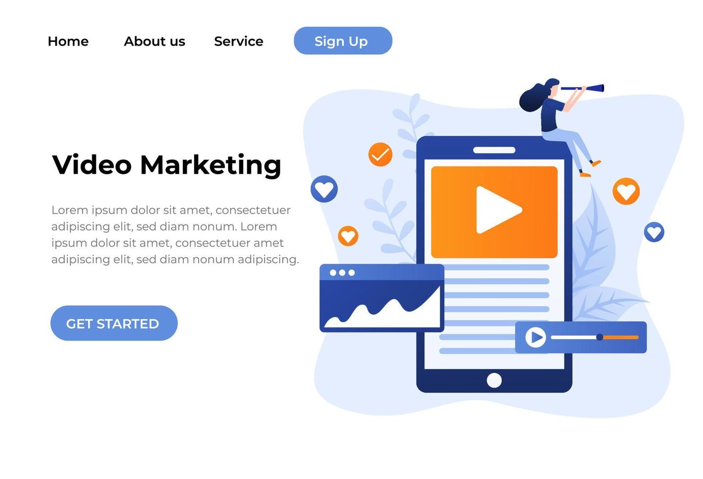 Landing page template of Video Marketing. Modern flat design concept of web page design for website and mobile website. Easy to edit and customize vector