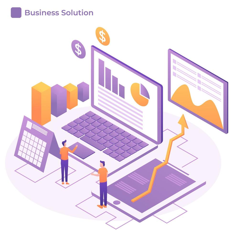 estrategia de negocio de concepto de diseño plano. Diseño plano isométrico 3d. análisis de datos e inversión. éxito empresarial. revisión financiera con computadora portátil y elementos infográficos. ilustración vectorial vector