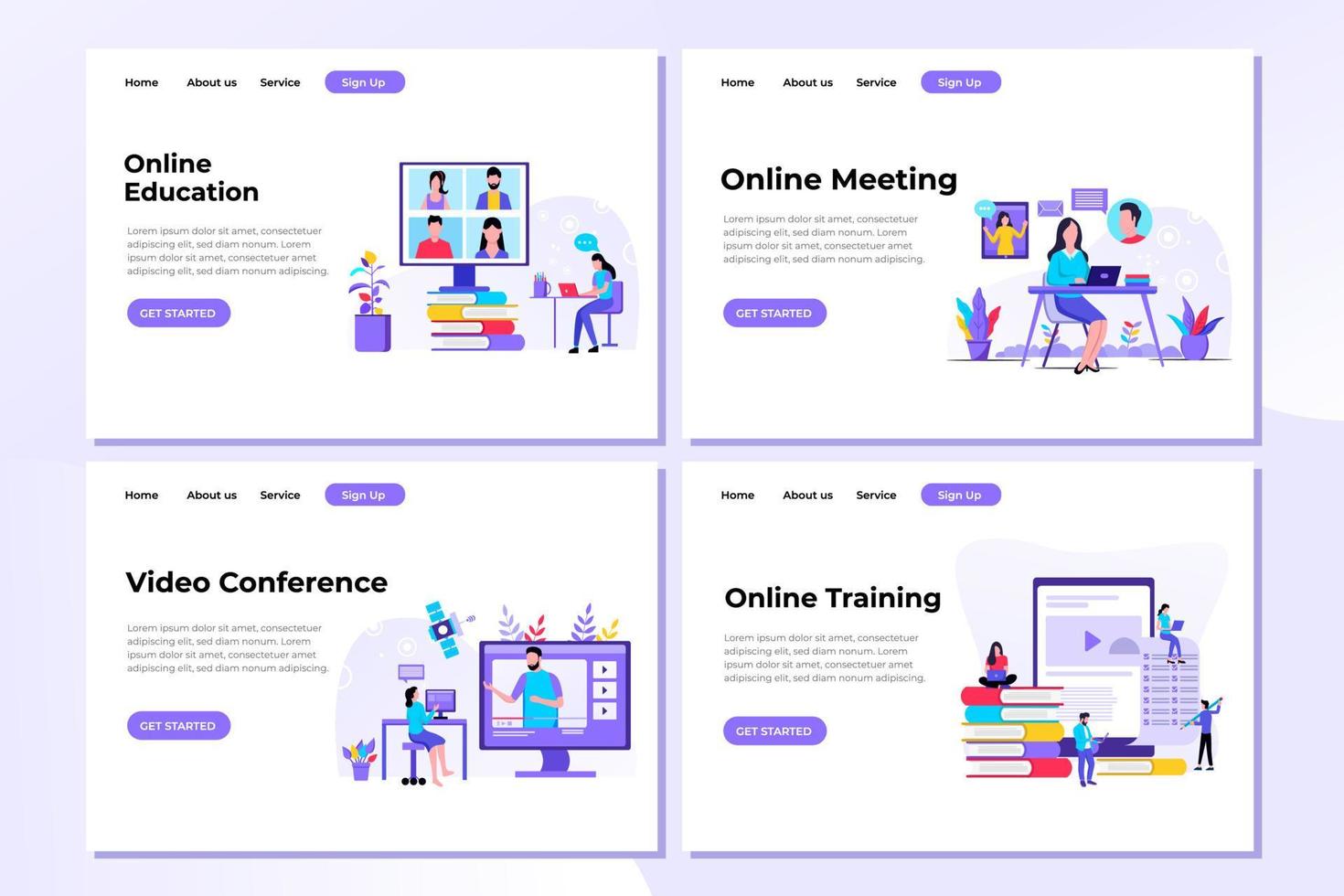 conjunto de plantillas de diseño de páginas web para e-learning, educación en línea y reuniones en línea modernos conceptos de ilustración vectorial para el desarrollo de sitios web y sitios web móviles. vector