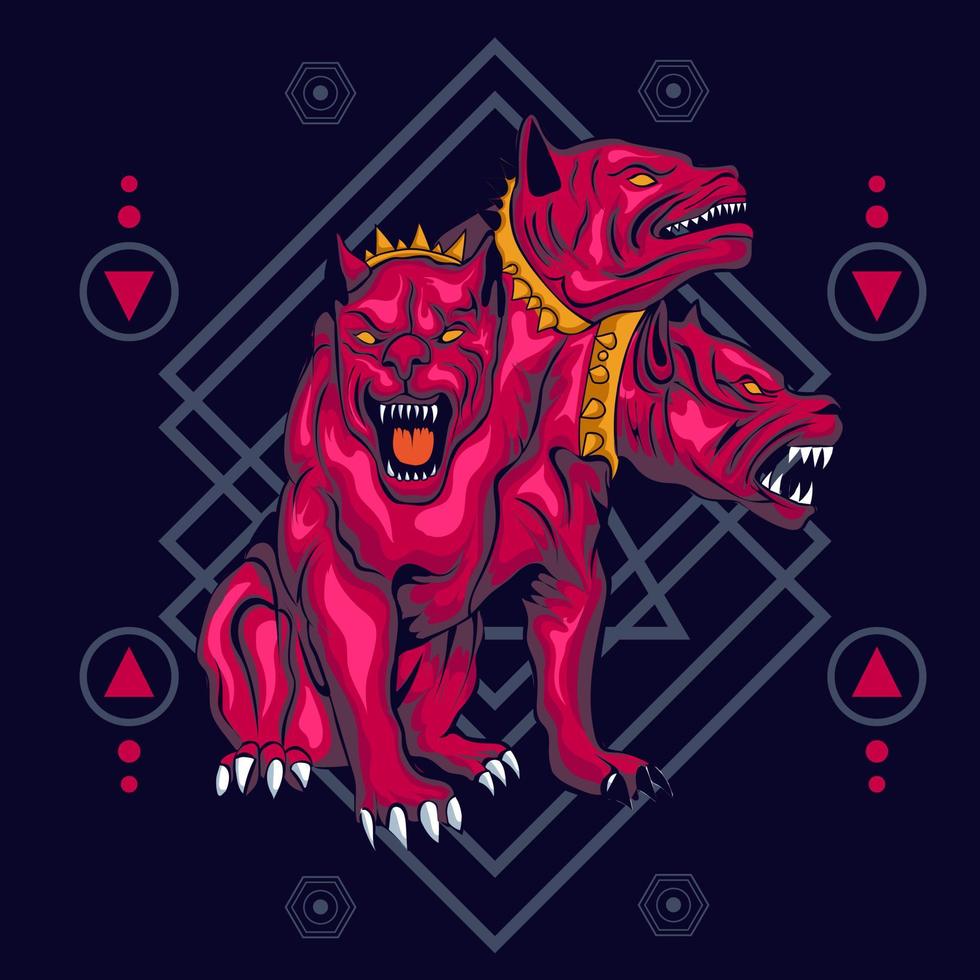 Red Cerberus illustration in sacred geometry style vector