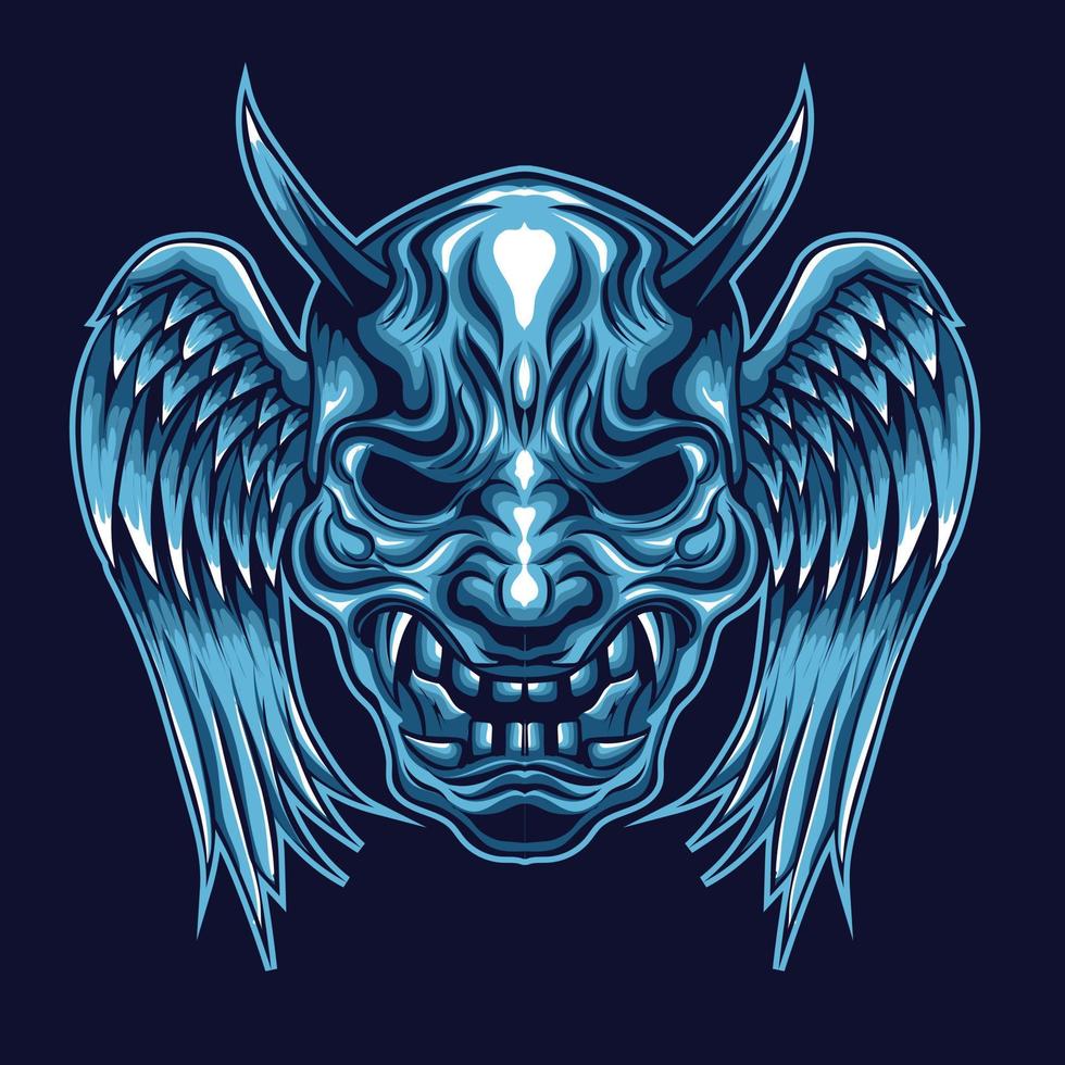 Blue oni mask with wings illustration. vector