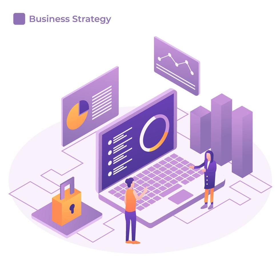 estrategia de negocio de concepto de diseño plano. Diseño plano isométrico 3d. análisis de datos e inversión. éxito empresarial. revisión financiera con computadora portátil y elementos infográficos. ilustración vectorial vector