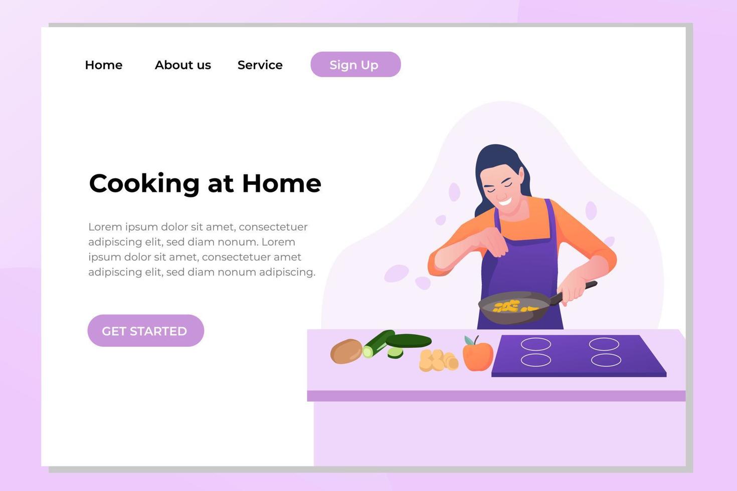 Vector hand drawn illustration. A girl in an apron is cooking.