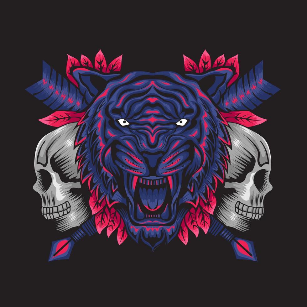 roaring tiger with skull illustration vector