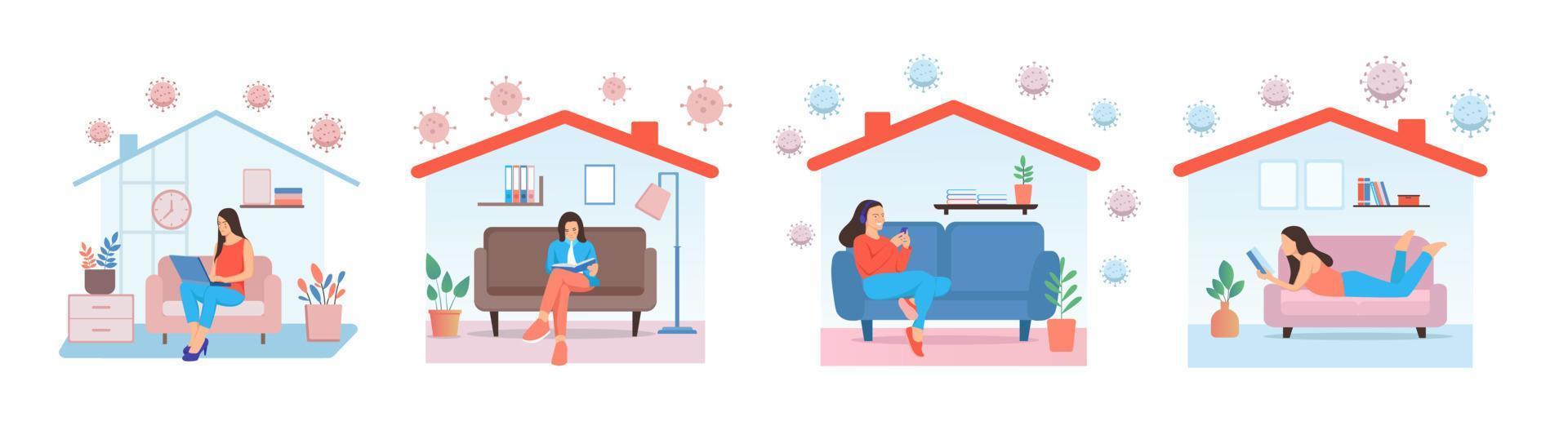 Working at home, coworking space, concept illustration. woman freelancers working on laptops and computers at home. People at home in quarantine. Vector flat style illustration