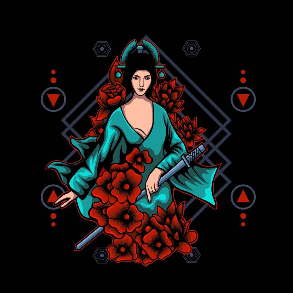 ilustración de geisha con fondo de geometría sagrada vector