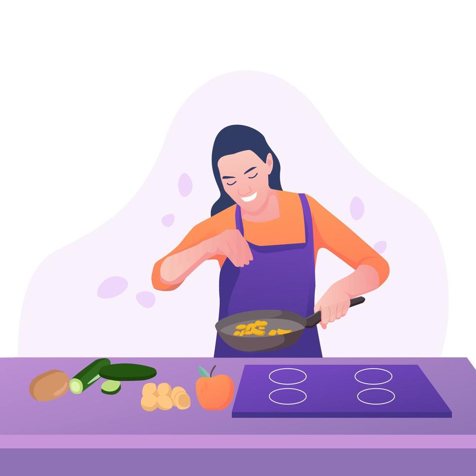 Vector hand drawn illustration. A girl in an apron is cooking.