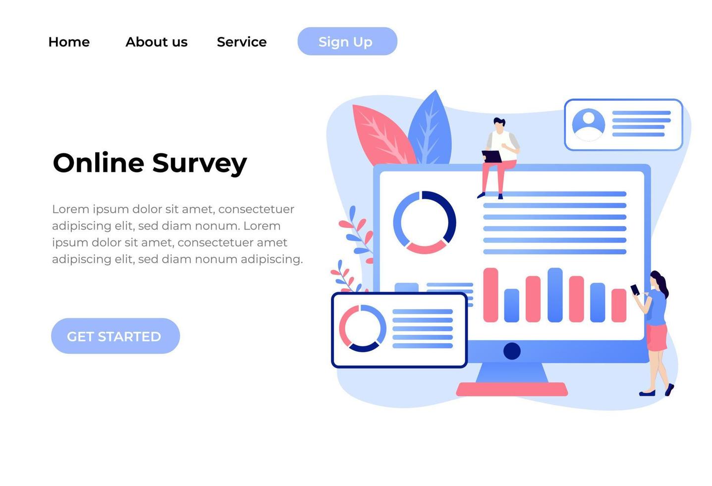 Online survey vector illustration concept, people filling online survey form on laptop. landing page template, can use for ui, web, mobile app, poster, banner, flyer