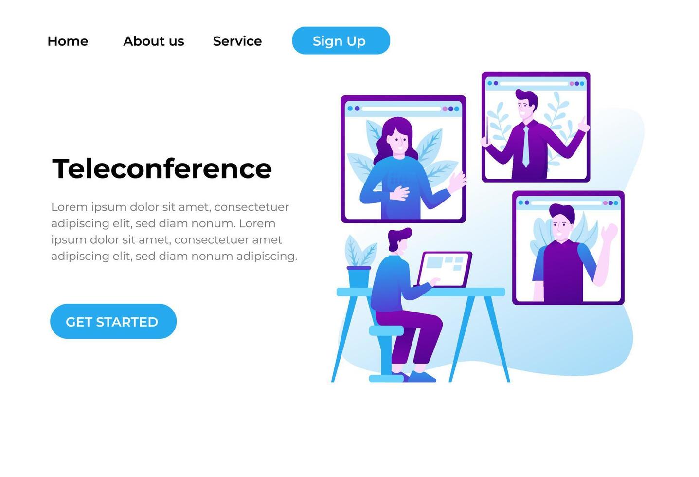 Video conference landing. People on laptop screen talking with colleague. Videoconferencing and online meeting workspace vector page