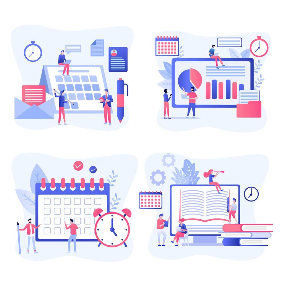 Effective time management symbols flat elements set with tasks planning training activities schedule checkpoints isolated vector illustration