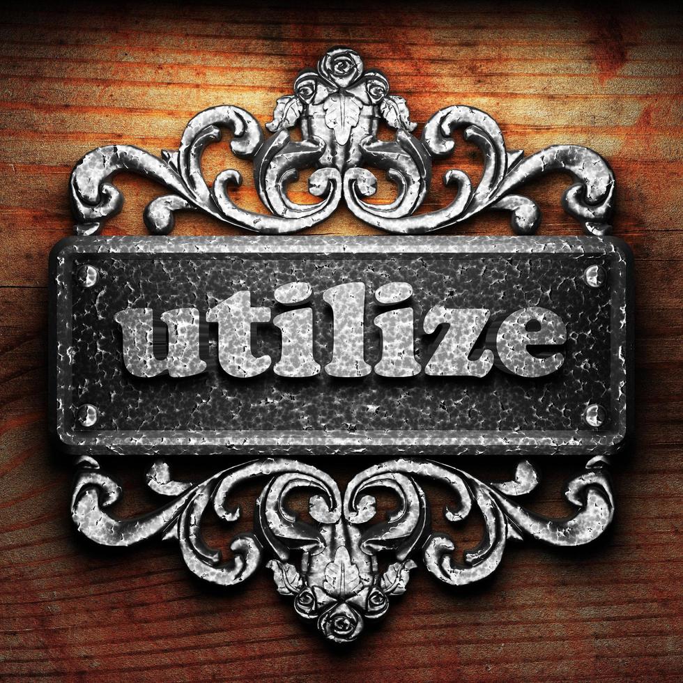 utilize word of iron on wooden background photo