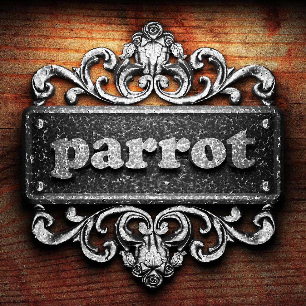 parrot word of iron on wooden background photo