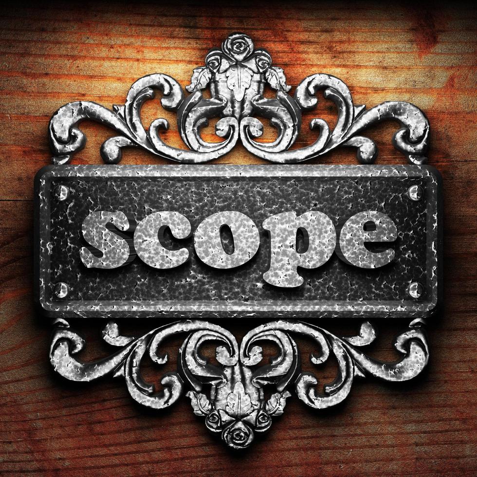 scope word of iron on wooden background photo