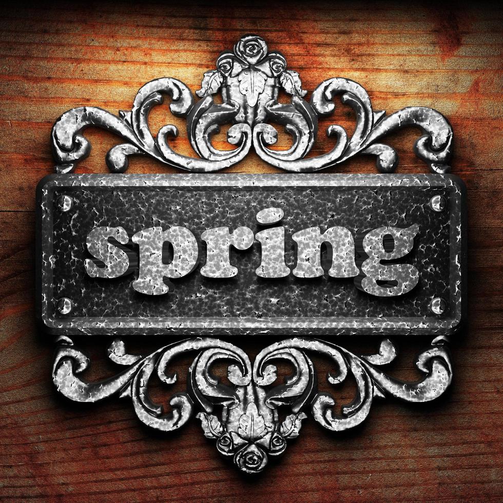 spring word of iron on wooden background photo