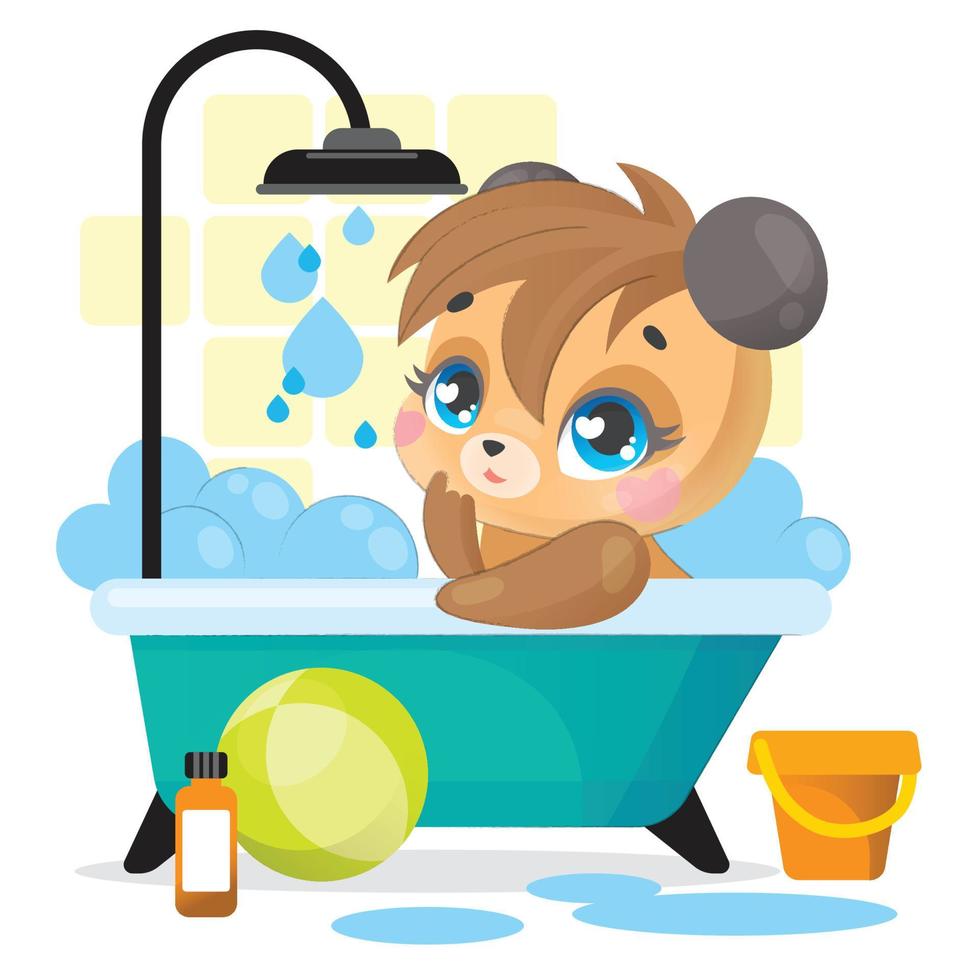 A cute little bear is sitting in the bath, toys are lying around and water is spilled. Children's illustration for preschool study of the daily routine. vector