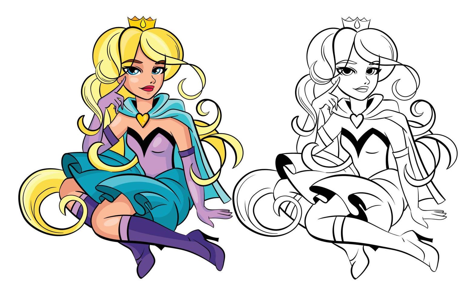 Cute girl princess with a crown on her head sits. she is dressed in a fantastic costume with a cloak, gloves and a corset. Children's illustration and coloring outline. vector