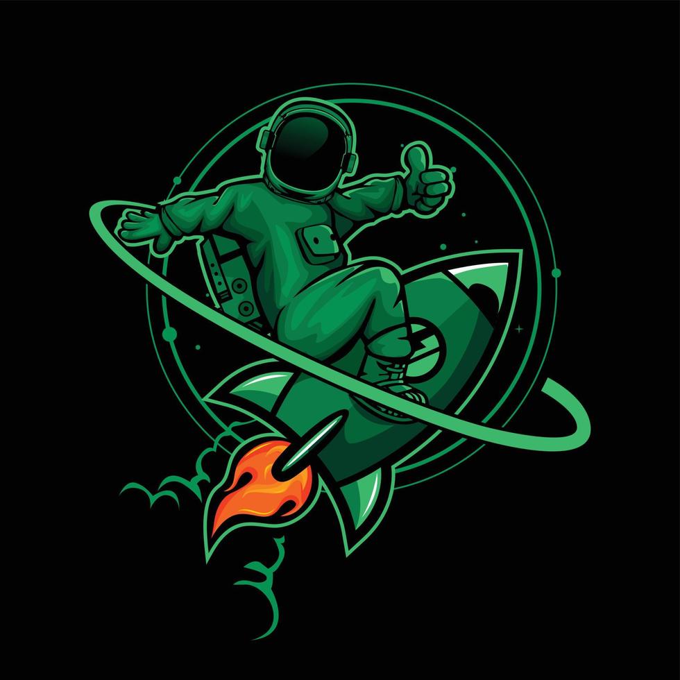 ilustración vectorial de astronauta verde volando en el espacio en cohete vector