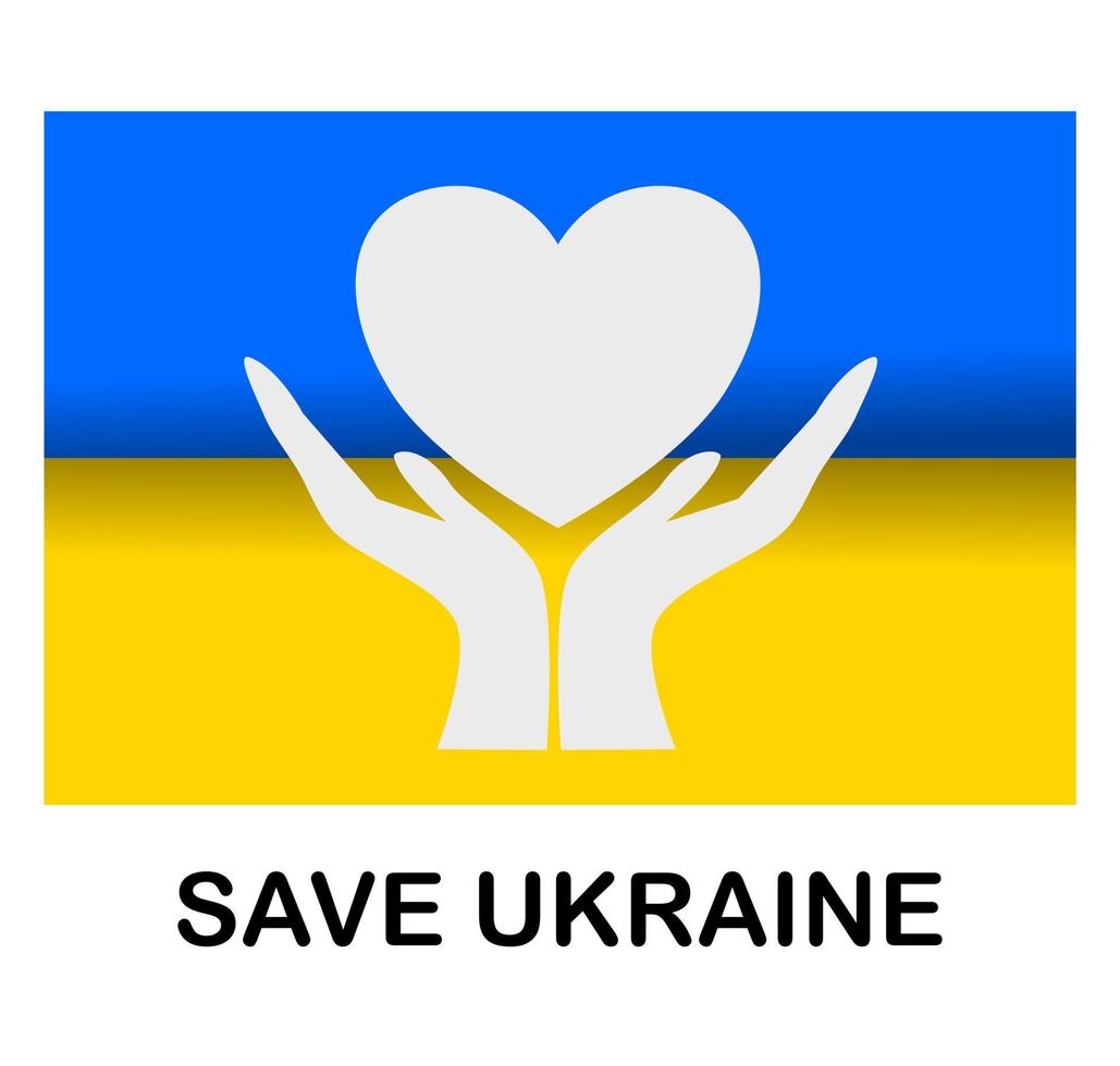 bandera ucraniana con texto, salva a ucrania, mano abierta con corazón. vector