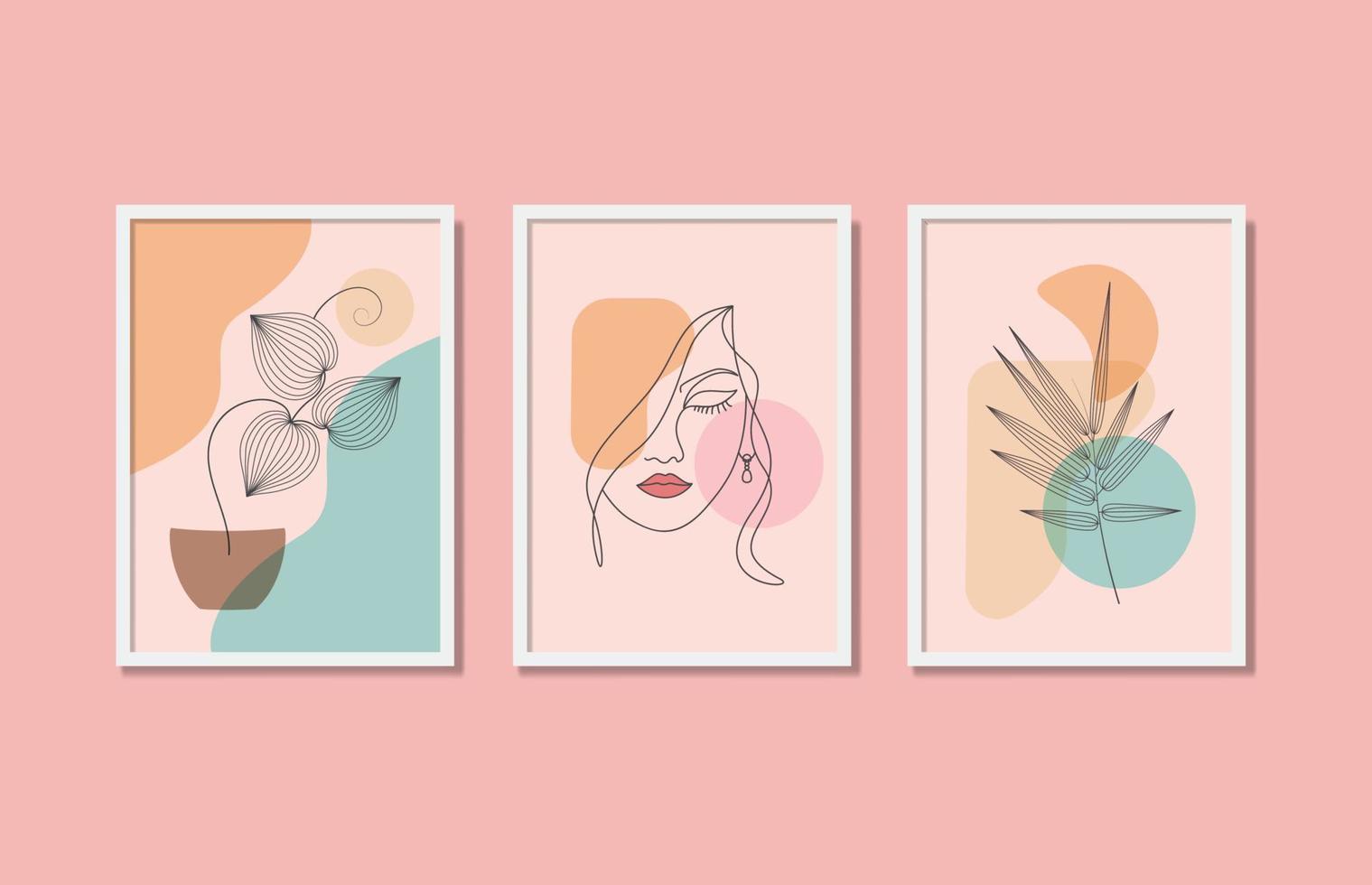 conjunto de 3 impresiones de arte de pared boho, dibujo lineal, arte digital de flores y mujeres vector