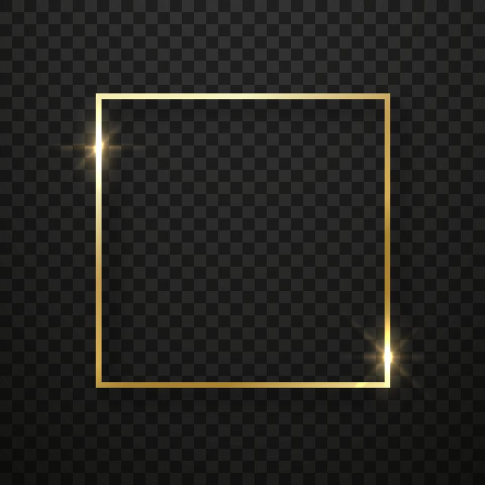 Realistic Golden Square Frame with Sparkle Effect. Gold Shiny Square Border on Black Transparent Background. Light Christmas Decoration. Mockup of Glowing Frame. Isolated Vector Illustration.