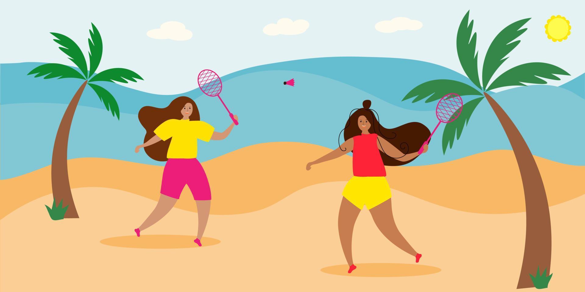 postal con chicas que juegan bádminton en la playa. vector