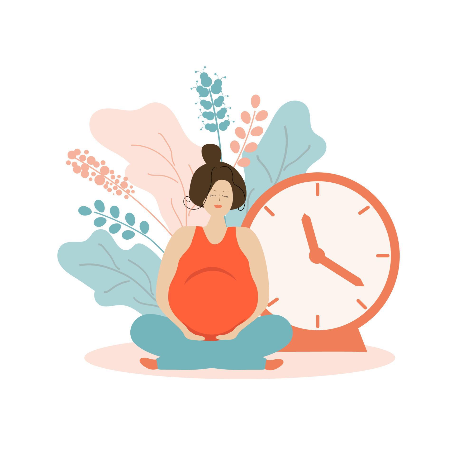 Cute pregnant woman in flowers and with a clock. Delivery time