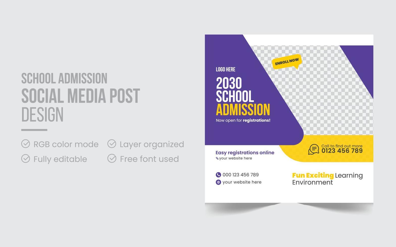 Professional modern creative school admission square social media post or rectangle flyer design template pro download vector