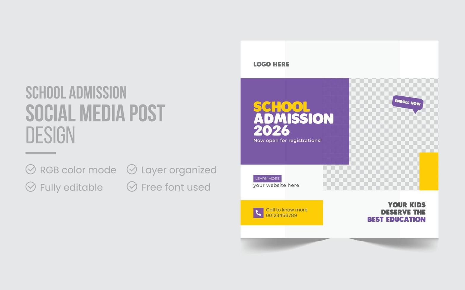 Professional modern creative school admission square social media post or rectangle flyer design template pro download vector