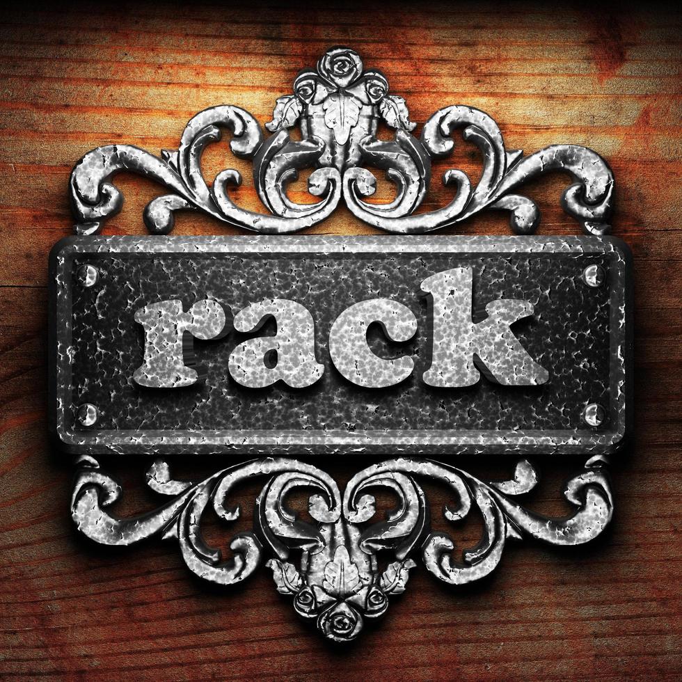 rack word of iron on wooden background photo