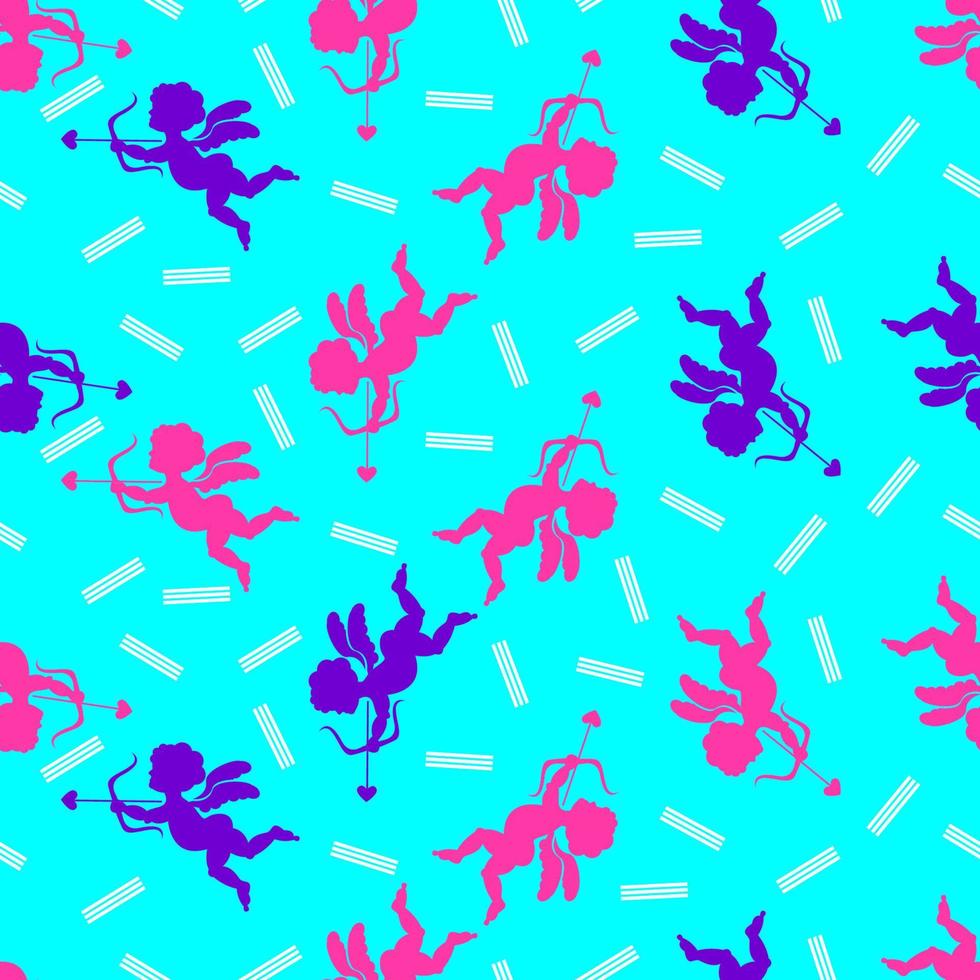 Colorful seamless pattern Cupid in 80s or 90s style. Vector background retro vintage silhouette of an angel with a bow and arrow