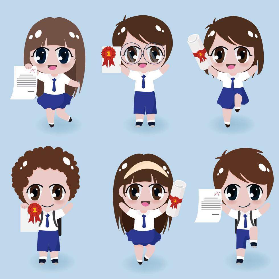 happy kids in uniform cloths holding certificates ribbon collection vector